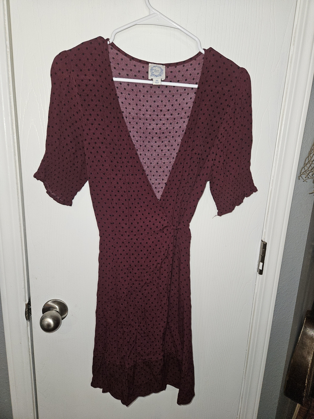 Blue Rain Burgundy With Black Polka Dot Midi Wrap Dress